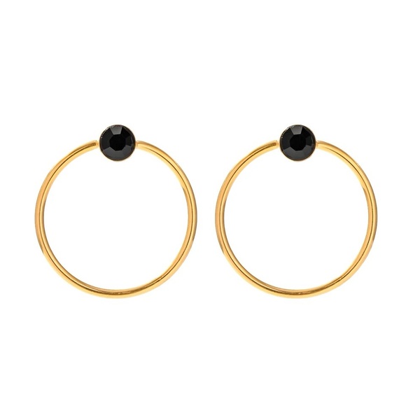 ◾️18K Gold Plated Black Round Resin Earrings - Picture 4 of 10